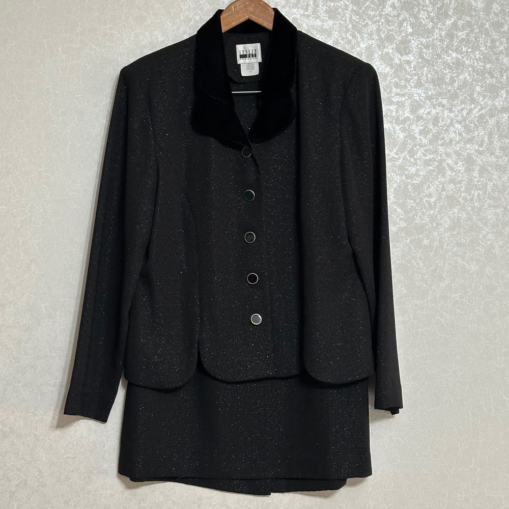 Leslie Fay Vintage Black Sparkle Fitted Blazer Skirt Suit Set Velvet Collar 14